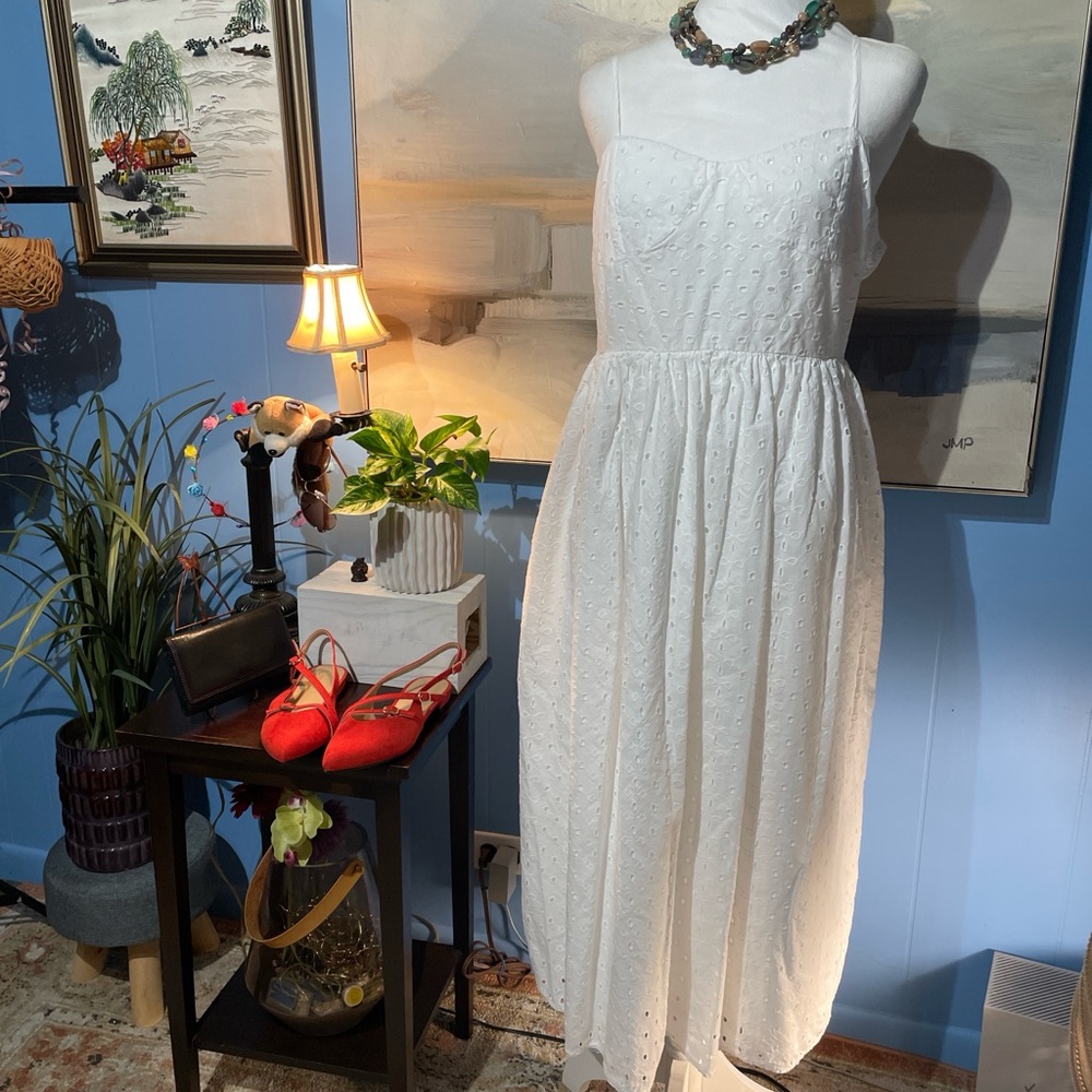 a new day Elegant White Eyelet Midi Dress